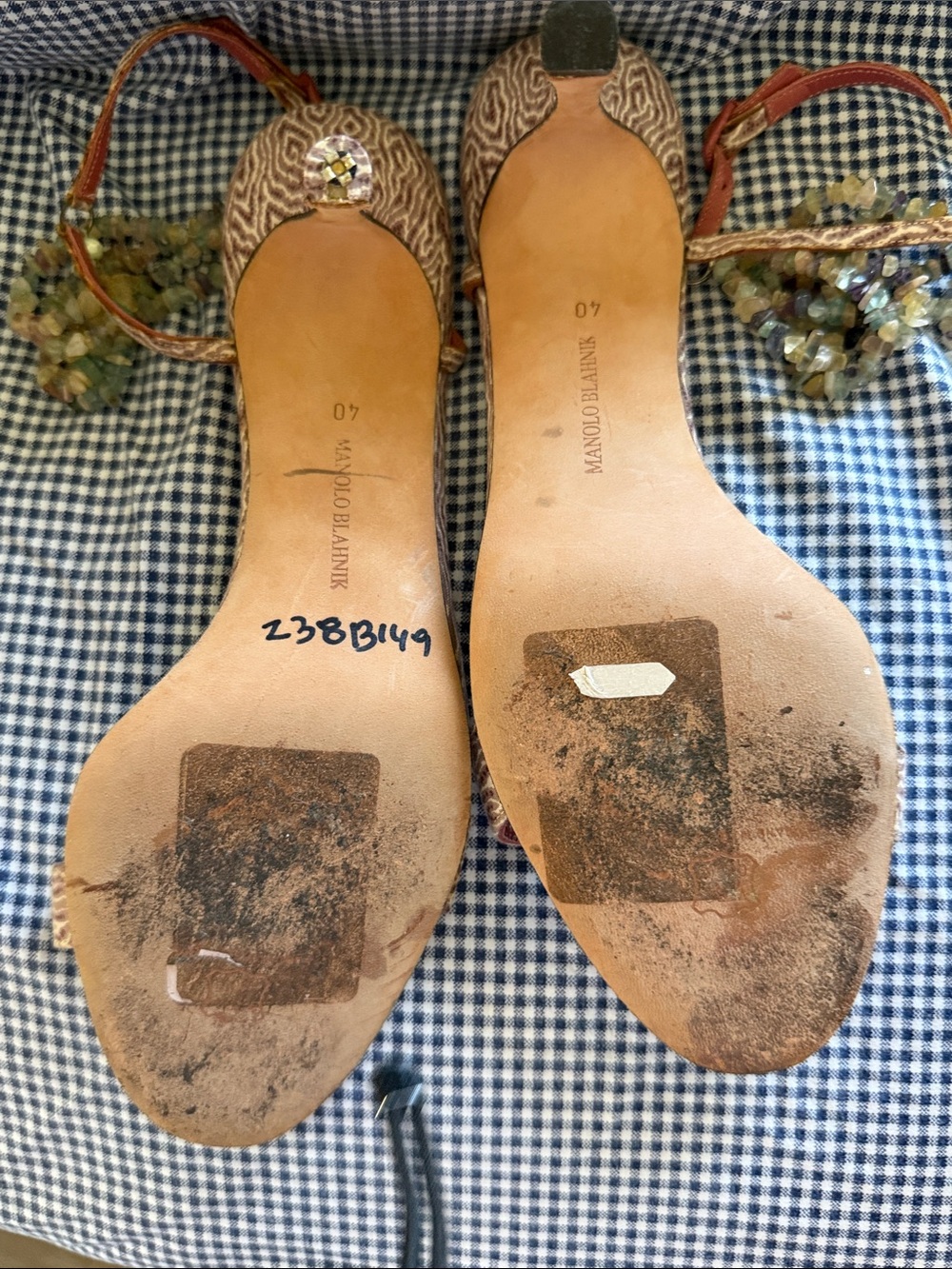 Manolo Blahnik Strappy Pink Patterned High Heel Sandals - Picture 9 of 11